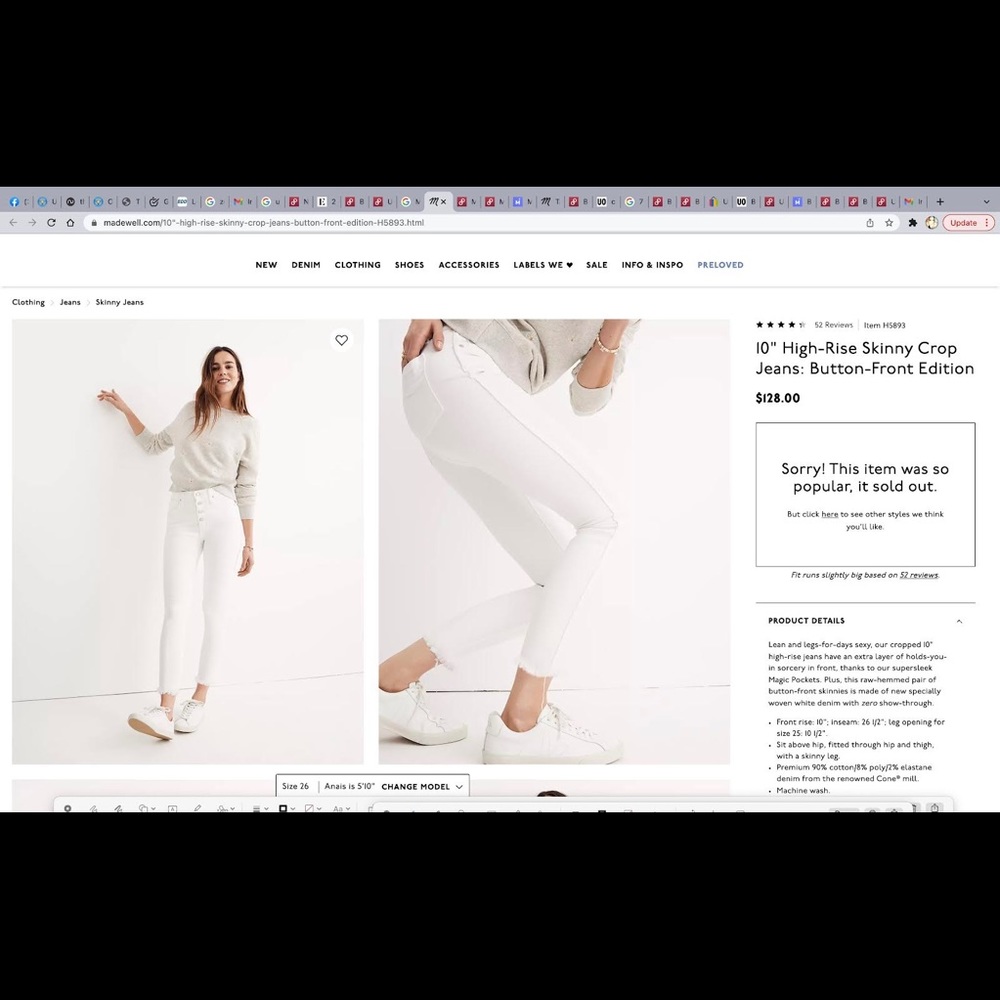 Madewell 10” High-Rise White Skinny Crop Jeans size 23.